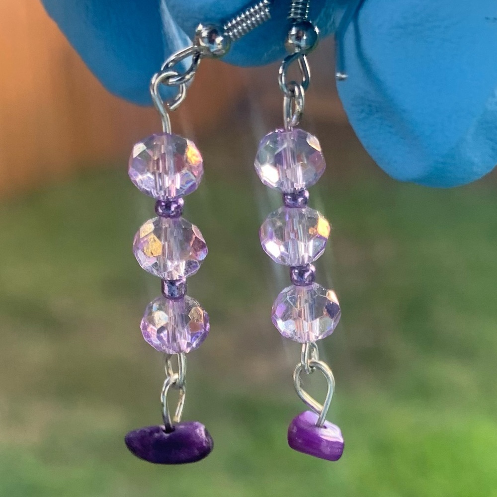 Purple glass earrings with crystal chip